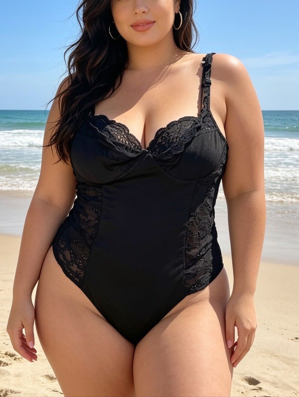 Revamped Black Lace Bodysuit XL Eyelet Lace Trim Adjustable Straps One Piece